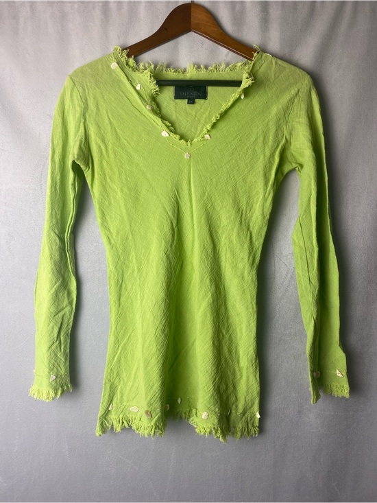 Valentino Tops - Vintage Y2K Valentino Jeans Cotton Shell trimmed top lime green boho beach S